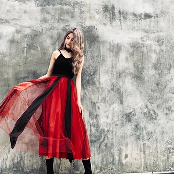 

2020 Women New Style Spring Summer Elegant Temperament High Elastic Waist Red Mesh Patchwork Skirt Retro Midi Half Body Skirt