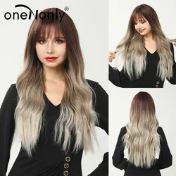 oneNonly Long Ombre Brown to Gray Natural Wave Synthetic Wigs with Bangs for Women Cosplay Natural Hair Heat Resistant