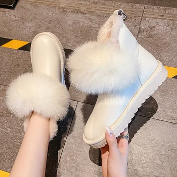

Winter Snow Boots Female Fox Fur Short Tube Round Head Low-top Waterproof Boots Leather Women Casual Thick Cotton Shoes Q12-60