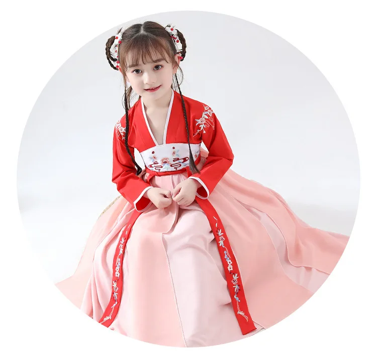 Детская одежда в китайском стиле Hanfu/весенне-осенний костюм в стиле ретро для маленьких девочек костюм для маленьких девочек с вышивкой