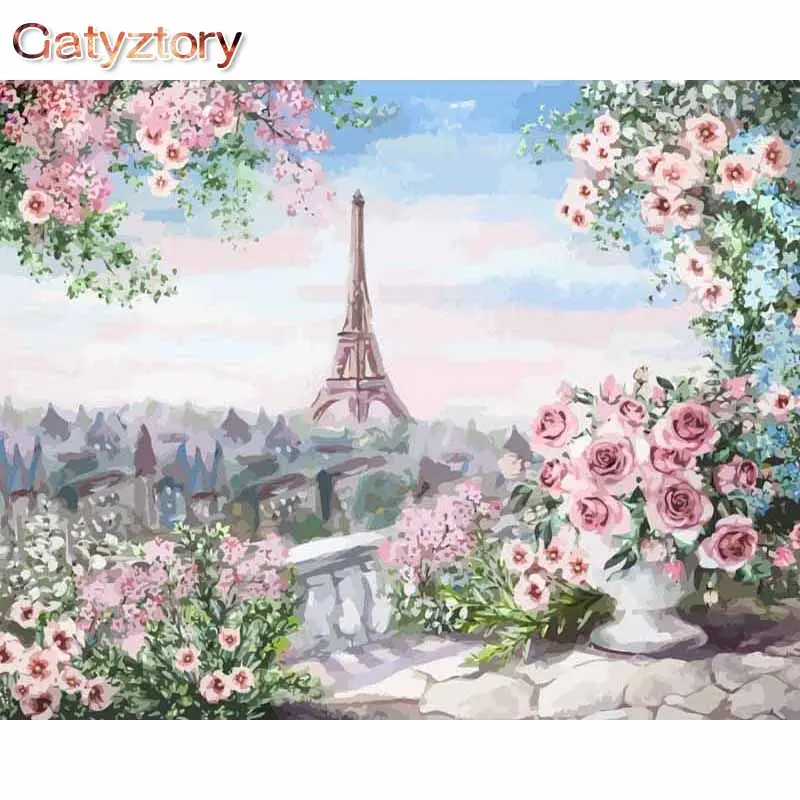 

rose Painting By Numbers adults Iron tower Acrylic Canvas Drawing 60x75cm Frames landscape Decoration home Gatyztory Diy Kit