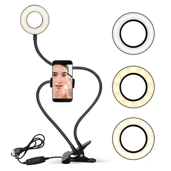 

New LED Video Selfie Ring Light 3 Modes LED Fill Light Long Arms Desktop Selfie Light with Phone Holder for Makeup Photography