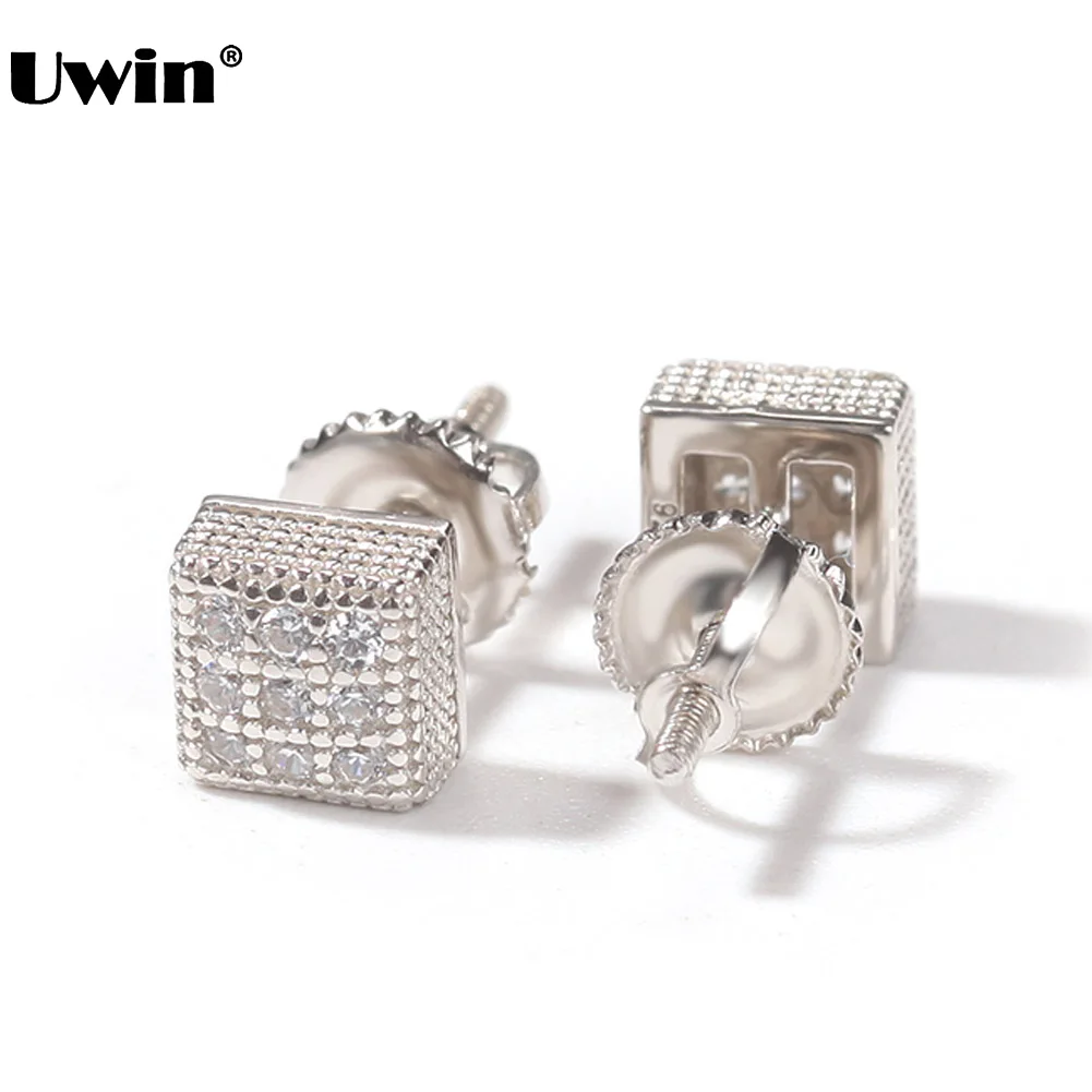 

Uwin CZ Zircon Square Stud Earrings Bling Iced Out Micro Full Paved Rhinestone Earrings Gold Color Earrings For Men Jewelry