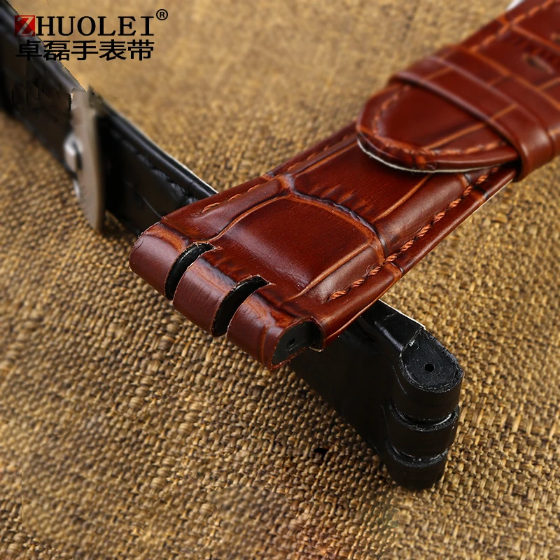 Premium Men's 23mm Soft Waterproof Genuine Leather Watchband - Black & Brown Cowhide Bracelet