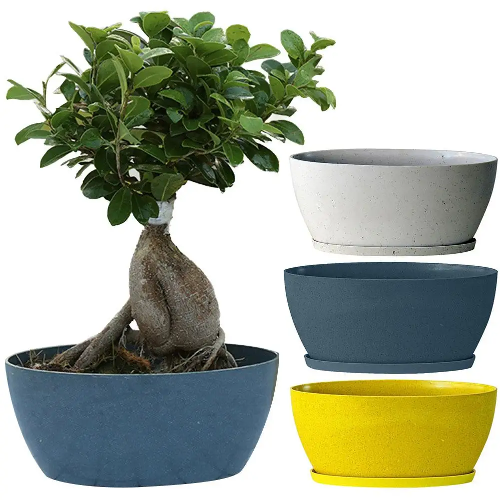 

Oval Solid Color Plastic Flowerpot Plant Container with Tray Office Home Decor