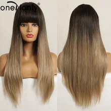 

oneNonly Long Straight Dark Brown Ombre Brown Wig with Bangs for Black Women Synthetic Wigs Cosplay Daily Hair Heat Resistant