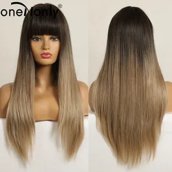 oneNonly Long Straight Dark Brown Ombre Brown Wig with Bangs for Black Women Synthetic Wigs Cosplay Daily Hair Heat Resistant
