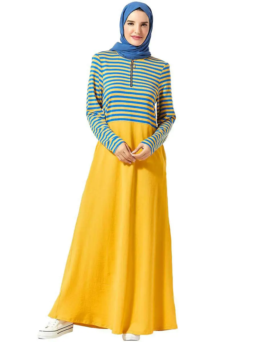 Abaya Дубай Макси платье для женщин мусульманский спортивный кафтан передняя молния длинный исламский халат кафтан полоса лоскутное Повседневное платье Мода