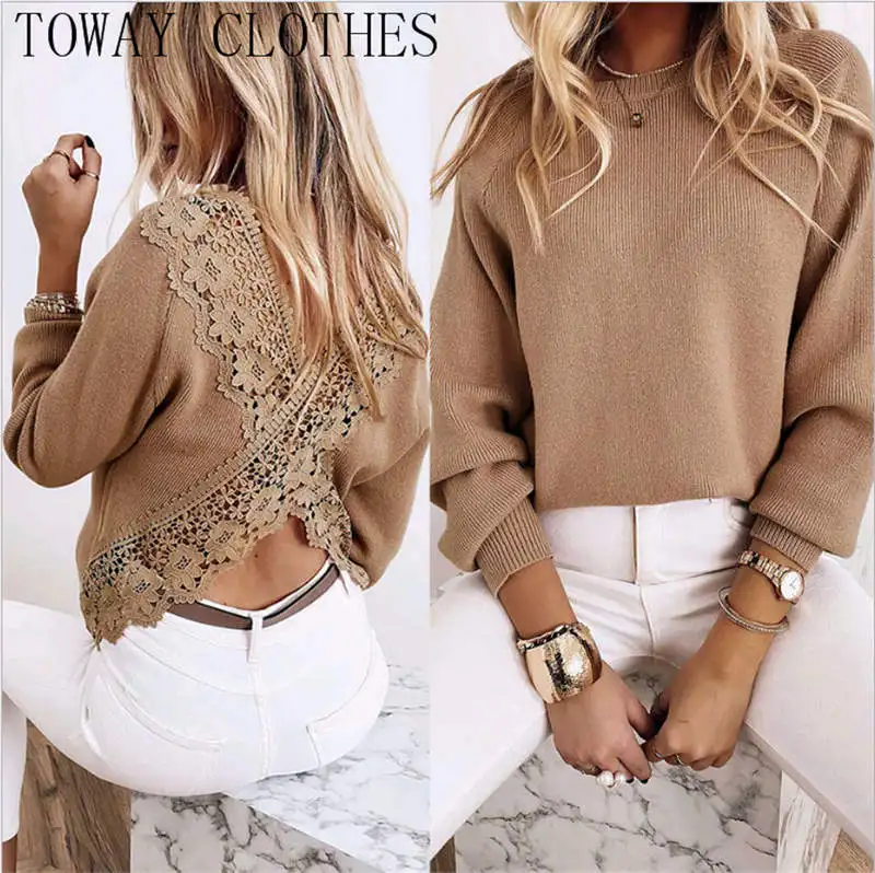 

Women O Neck Long Sleeve Hollow Out Crochet Lace Trim Sweater Plain Backless Fluffy Sweater