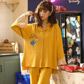 

Suit Women Casual Autumn Nightwear Lapel Sleepwear 2PCS Sleep Set Cotton Loose Intimate Lingerie Long Sleeve Lounge Pajamas