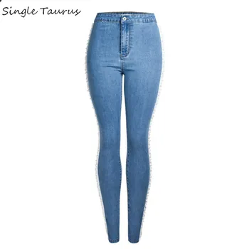 

Spring Pearl Ribbon Side Stripe Women Jeans High Waist Little Blue Stretch Elasticity Skinny Denim Vaqueros Mujer England Jeans