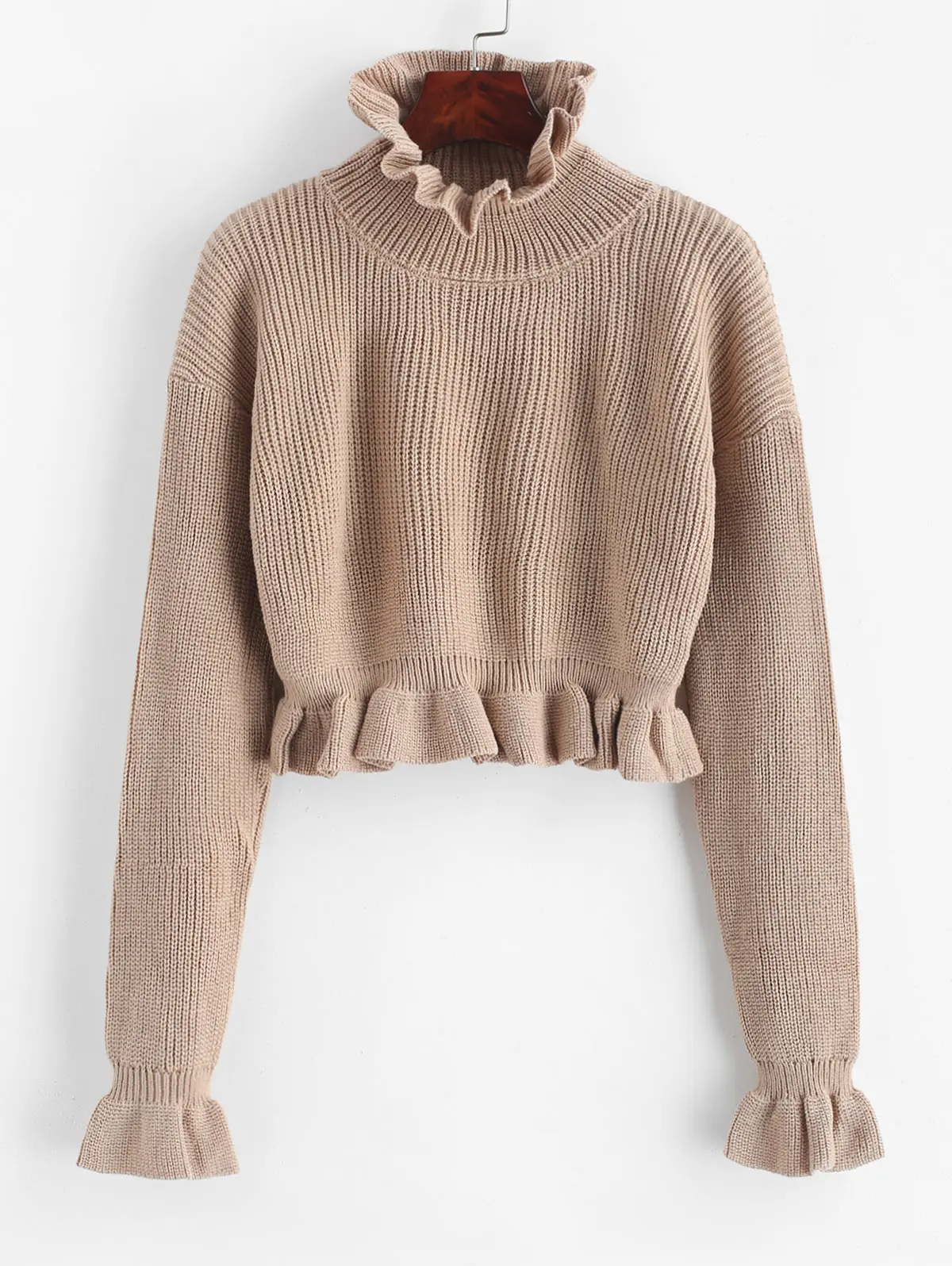 ZAFUL Однотонный свитер с оборками осень зима Повседневный короткий пуловер Повседневный эластичный свитер обрезанный женский свитер - Цвет: Camel Brown