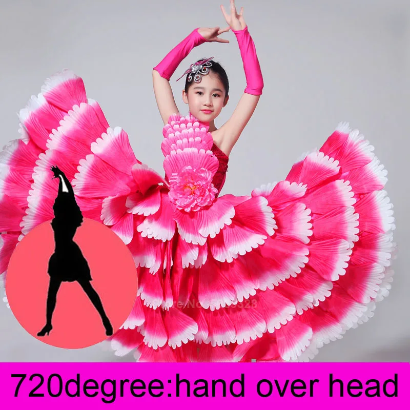 Color1 720degree Испанская коррида для цыганских девочек; юбки для фламенко; платья для танца живота для детей; длинный халат для девочек; платье для фламенко с лепестками пионов; костюмы - Цвет: Color1 720degree