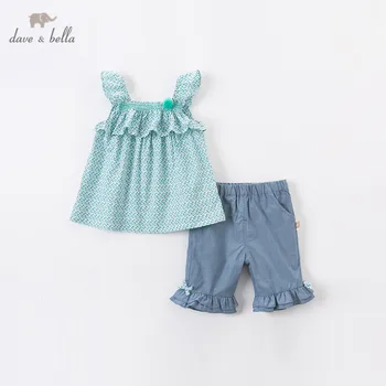 

DBM14051 dave bella summer baby girls fashion floral print bow ruched clothing sets kids cute sets children 2 pcs suit