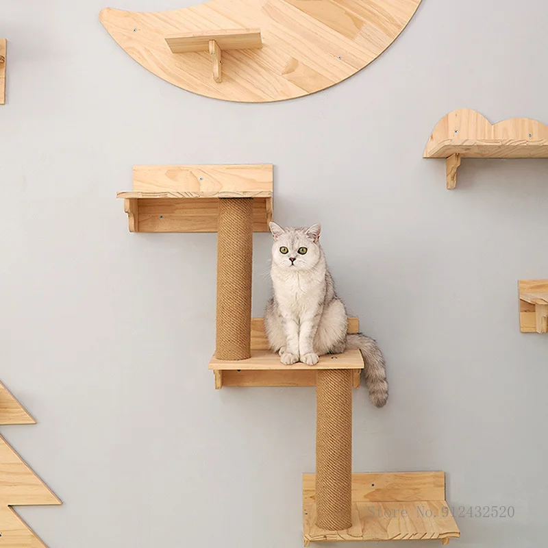 Wall Mounted Cat Climbing Frame, Solid Wood Cat Tree, Jumping Platform, DIY Pet Furniture, Kitten Springboard, Various Size