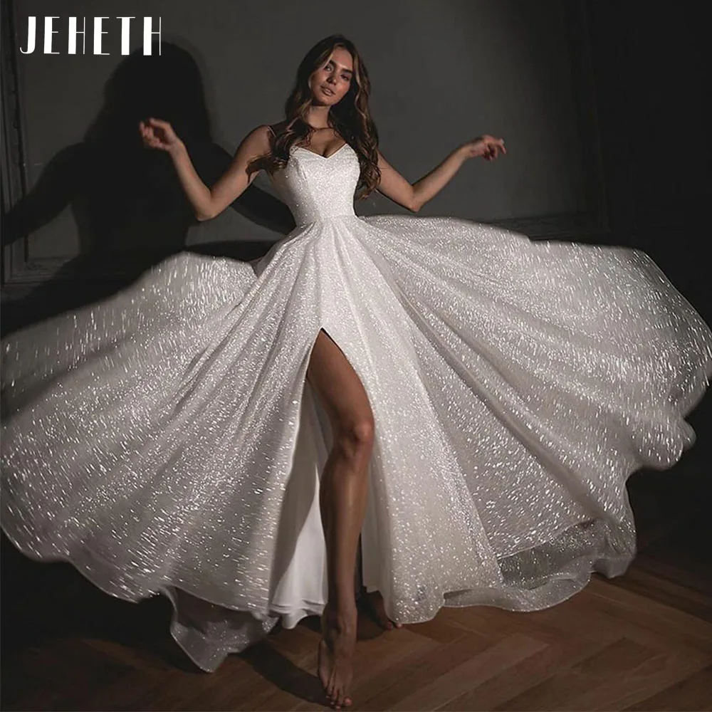 JEHETH Glitter Tulle Side Split Wedding Dresses for Women 2022 Sexy Spaghetti Straps V-Neck Boho Bride Gowns vestidos de novia sexy wedding dresses