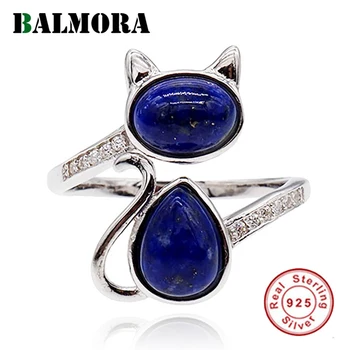 

BALMORA Real 925 Sterling Silver Lapis Lazuli Cat Open Stacking Ring for Women Lady Gift Retro Simple Cute FingerFashion Jewelry