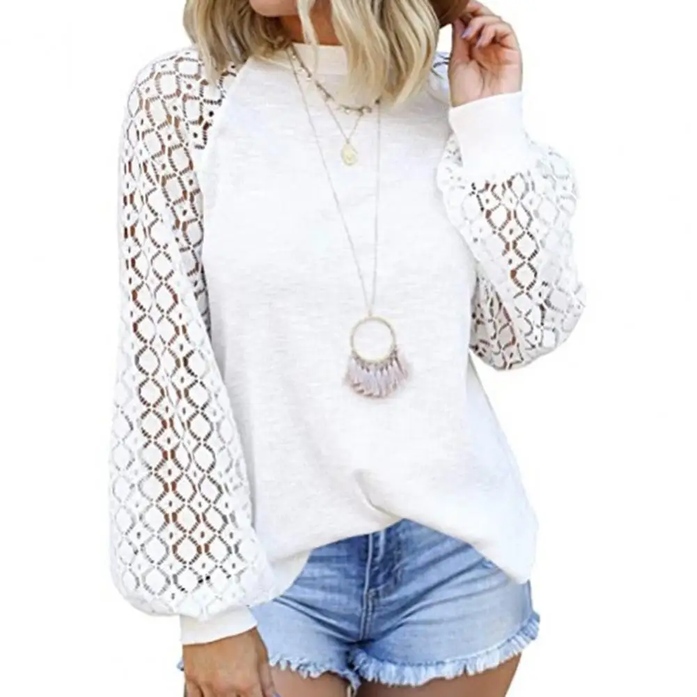 

Women Blouses Elegant Long Puff Sleeve Casual Hollow Female Shirts Lace Crochet Crewneck Office Lady Blouses 2021 Fashion blusas