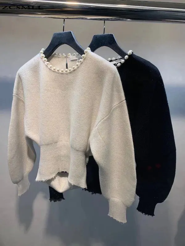 ZCSMLL 2021 Autumn Winter New Round Neck Pullover Vintage Fashion Pearl Wool Sweater Black Women Ins Tide | Женская одежда