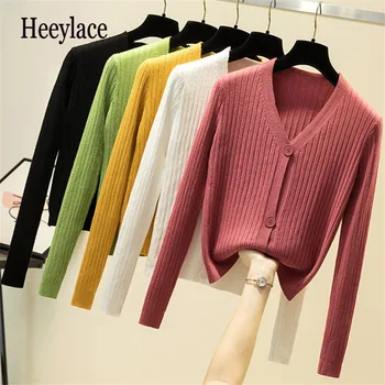 

Cardigans Autumn V Neck Single Breasted Korean Women Sweaters 2020 Solid Short Loose Mujer Sueter Knitwear