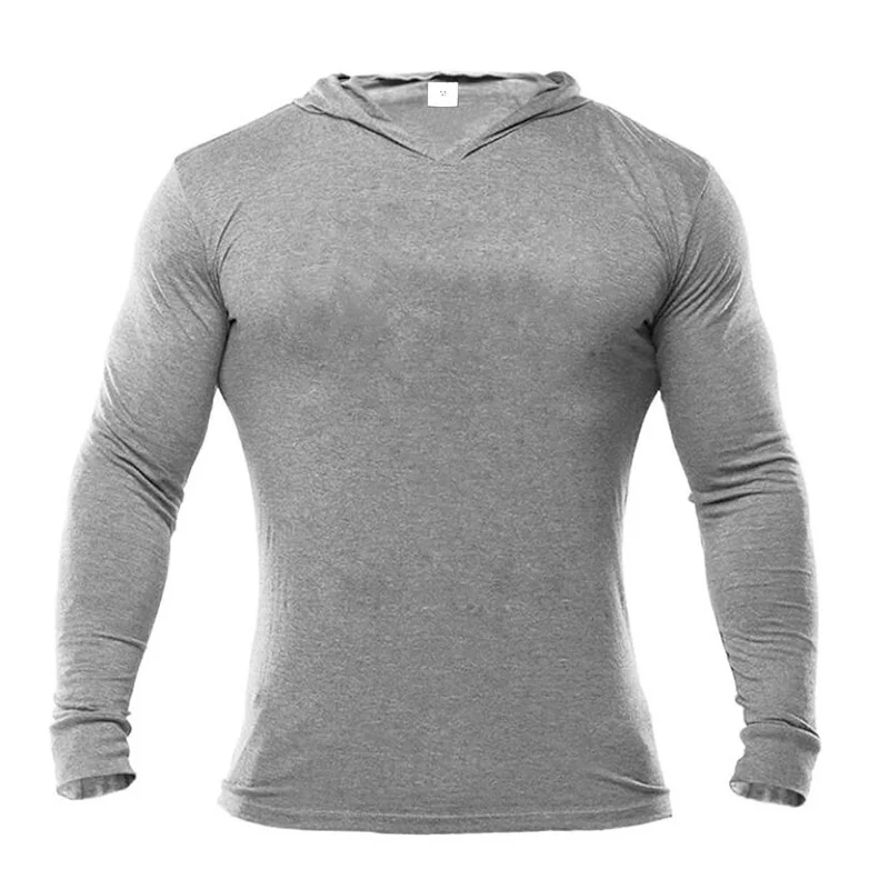 Мужская футболка с капюшоном и длинным рукавом для бодибилдинга, мужской спортивный костюм для фитнеса, хлопковые облегающие толстовки с капюшоном, мужская спортивная одежда для тренировок - Цвет: Серый