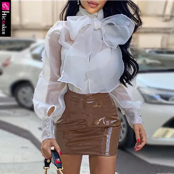 

Sheer Mesh Tied Neck Bowknot Buttoned Shirt Women Chic Elegant Office Lady Spring Fall Solid Plus Size Tops and Blouses