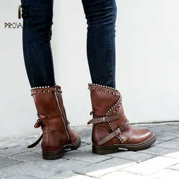 

Prova Perfetto Genuine Leather Hand-made Fashion Lady Ankle Boots Mixed Colors Do Old Buckle Strap Rivet Women's Mid-calf Boots