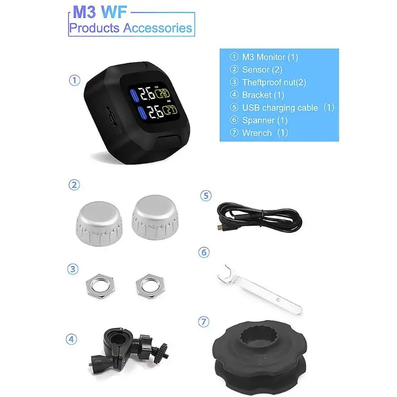 CAREUD M3-WF usb зарядка мотоцикла TPMS шины для мотоцикла контроль давления в шинах сигнализация с 2 беспроводными внешними датчиками