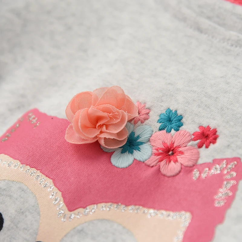 New Autumn Baby Girls Long-sleeved O-necked Flower Owl T-shirt Ruffles Shirt Cotton Children's Fly Long-sleeved T-shirt