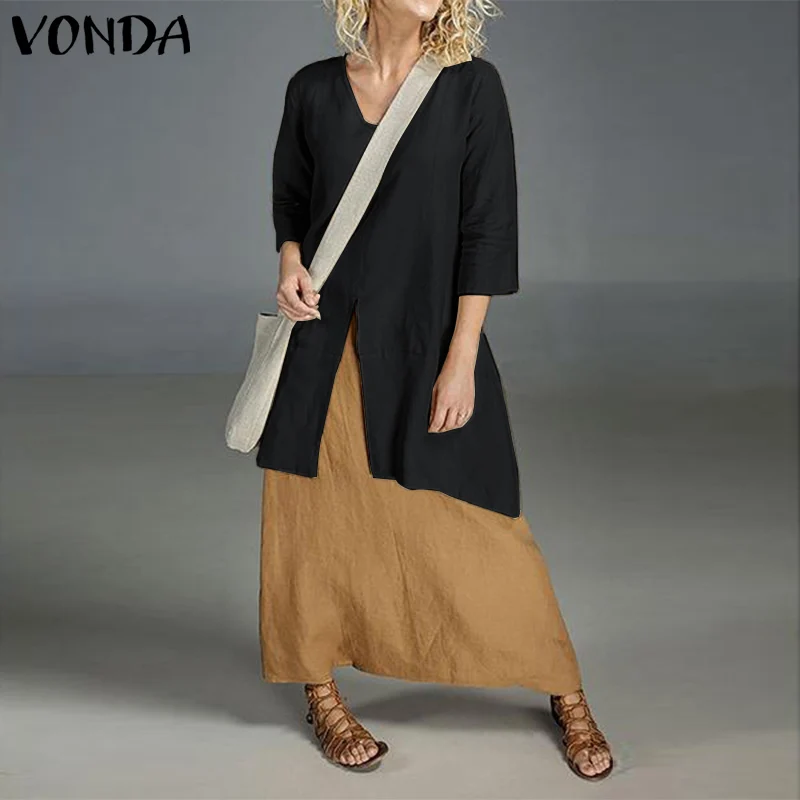 

VONDA 2020 Women Blouses Fashion Sexy V Neck Long Sleeve Solid Color Shirts Bohemian Split Hem Tops Plus Size Summer Blusas 5XL