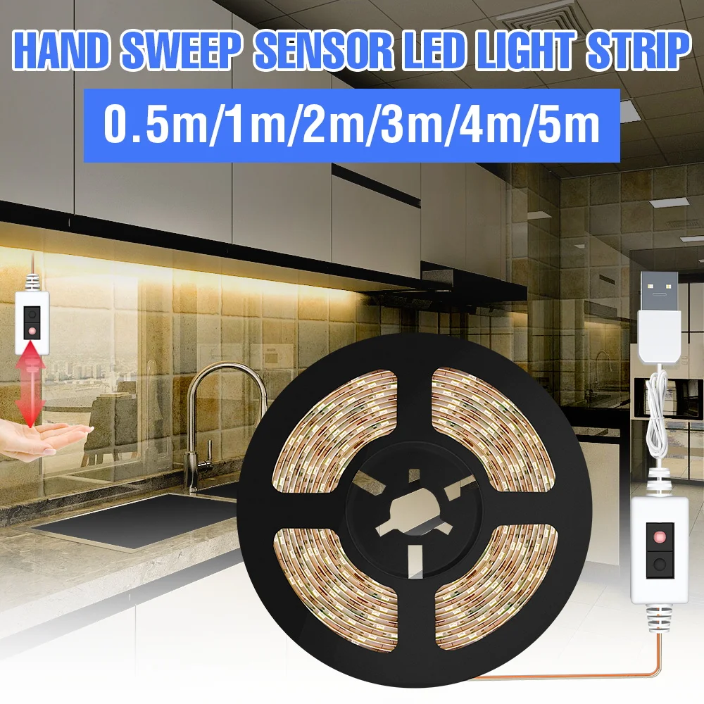 

WENNI Kitchen Cabinet Light Sensor LED Strip Hand Sweep Switch USB Strip Light Waterproof LED Closet Lamp 5V Wardrobe Lighting