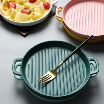 

Nordic binaural round ceramic plate dish creative oven baked temperature resistant plate Colored pizza tray Steak dish LB40901