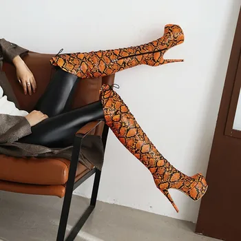 

US4-13 Womens Platform Over The Knee Boots Stilettos Snake Pattern Mixed Colors High 15CM Heel Shoes Plus Size 3Colors