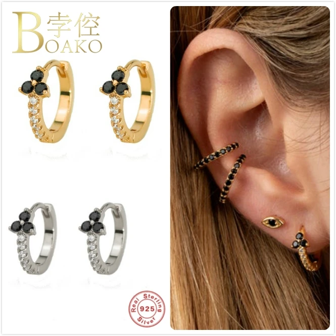 925 серебряные серьги для женщин черные кристаллы, цветок циркония серьги на подарок девочке хряща пирсинг серьги панк женские aretes Z5