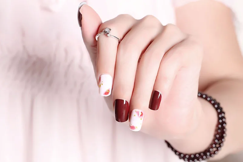 Wear Fake Nails White Dark Wine Red Gold Foil Smudge Manicure Patch 24 PCs Finished Product Fake Nails Nail Sticker 287