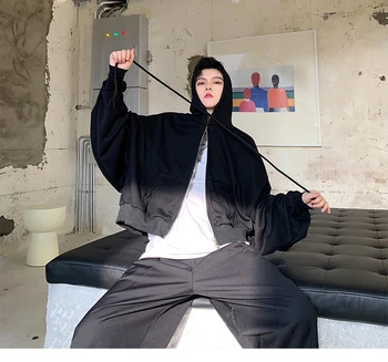 

Male Women Streetwear Hip Hop Gothic Short Hoodie Jacket Outerwear Men Bat Sleeve Loose Casual Zipper Hooded Sweatshirt Coat