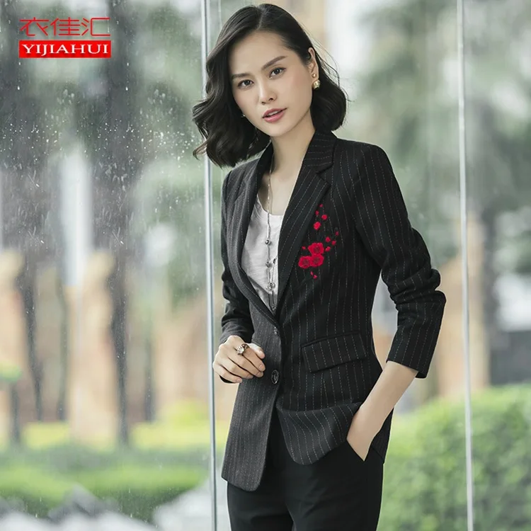 

2018 Autumn And Winter Wear Women's Casual Versatile Embroidered Long Sleeve Suit Korean-style Slimming Two-Button Striped Suit