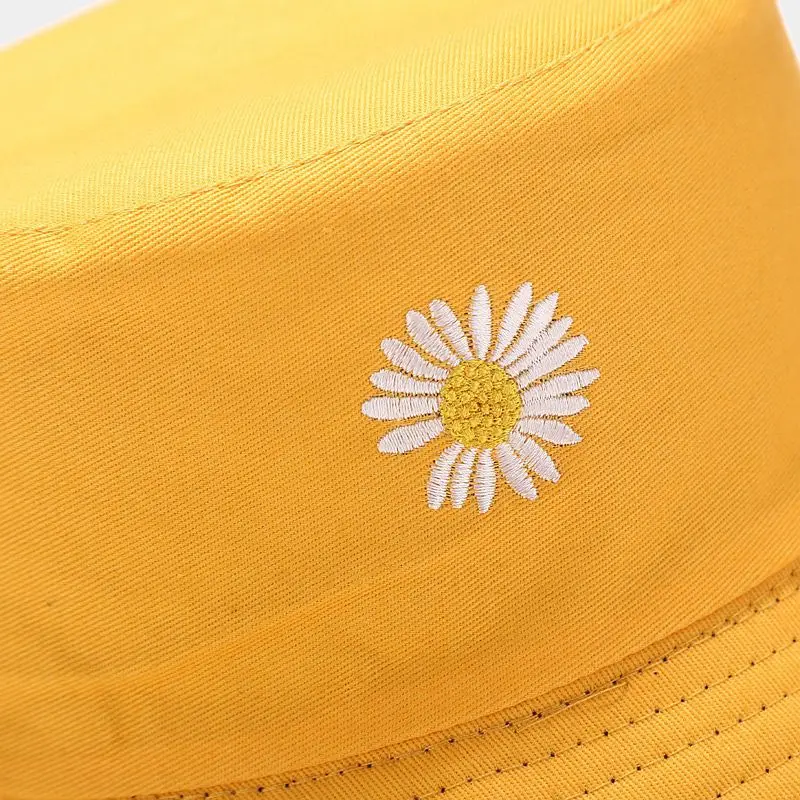 Reversible Summer Bucket Hats Flower Fishing Hat Cotton Women Hats Korea Style Yellow Beige White