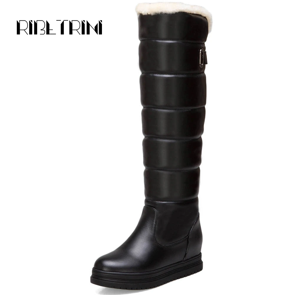 

RIBETRINI Snow Boots Women New Designer Hidden Wedge Heels Platform Winter Fur Shoes Woman Slip On Warm Knee High Boots Big Size