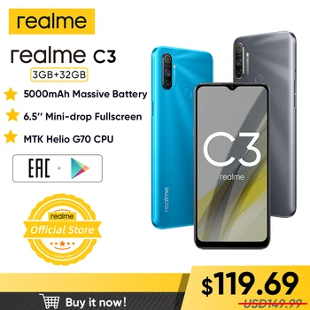 Перейти на Алиэкспресс и купить Realme C3 глобальная версия 3 Гб RAM 32 ГБ ROM Pro мобильный телефон MTK Helio G70 CPU 12MP камера 6,5 дюйммини-капля полноэкранный 5000 мАч