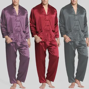 

INCERUN Fashion Men Pajamas Sets Solid Color Faux Silk Satin V Neck Long Sleeve Button Pockets Sleepwear Pants Men Homewear Suit