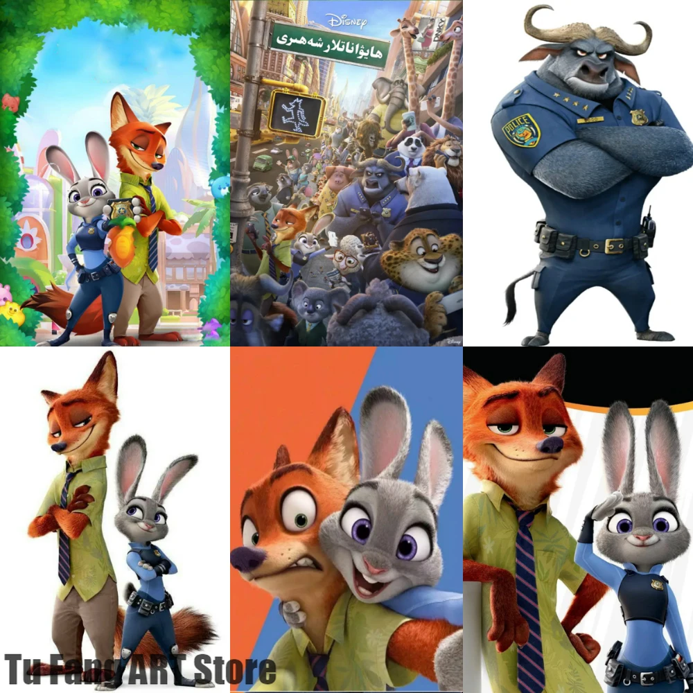 ディズニーのキャンバスの絵 動物の都市 ウサギ キツネ キツネ アートの壁画 家の装飾 絵画 書道 Aliexpress