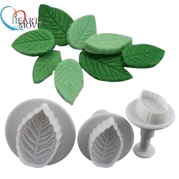 HEARTMOVE 3 Pcs Cake Rose Leaf Plunger Fondant Decorating Sugar Craft Mold Cutter Tools Leaf Shape Cookie Biscuit Plastic Mold