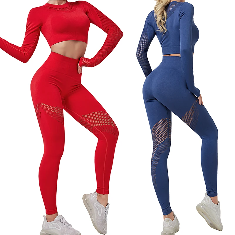 New Women Seamless Yoga Set Gym Clothing Fitness Leggings Cropped Shirts Sport Suit Women Long Sleeve Tracksuit Active Wear