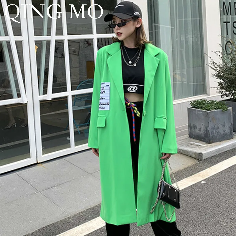 

QING MO Women Black Green Trench-Coat Patch Designs Coat Wide Waisted Single Button Coat 2019 Autumn Fashion ZQY1475