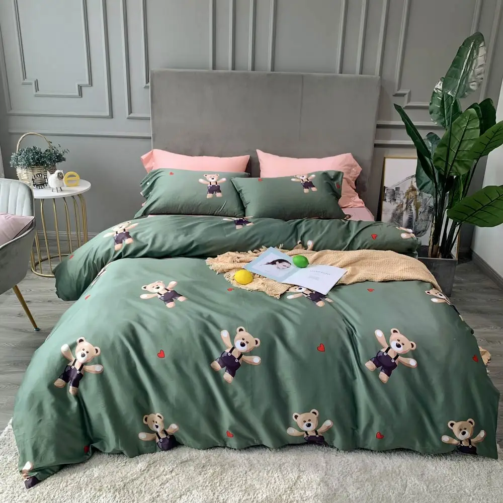 

Cartoon Green Bear Toys Kids Hearts High Count Egyptian Cotton Bedding Set Queen King Size Bedlinens Flat sheet Duvet Cover Set