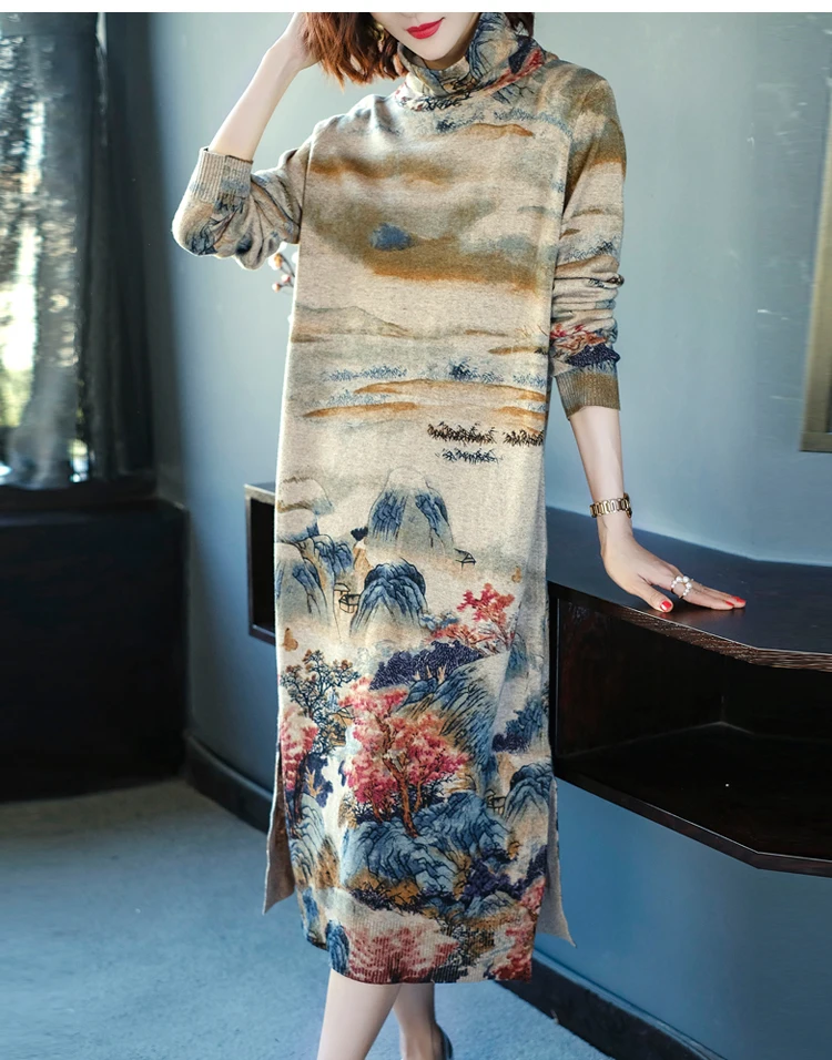 Винтажное кашемировое свободное вязаное платье с принтом и длинным рукавом для женщин, Осень-зима, элегантный свитер, вязанные Базовые платья средней длины для женщин