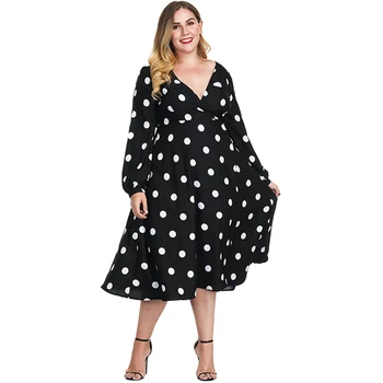 

Fall 2020 large women's dress V-Neck long sleeve polka dot print medium length high waist lace up wrap