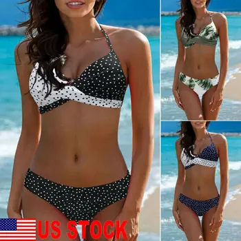 

2020 New Women Sexy High Waist Leaves Print Push-Up Padded Bandage Swimwear Halter Bikini Top Set Bathing Suit Split Swimsuit