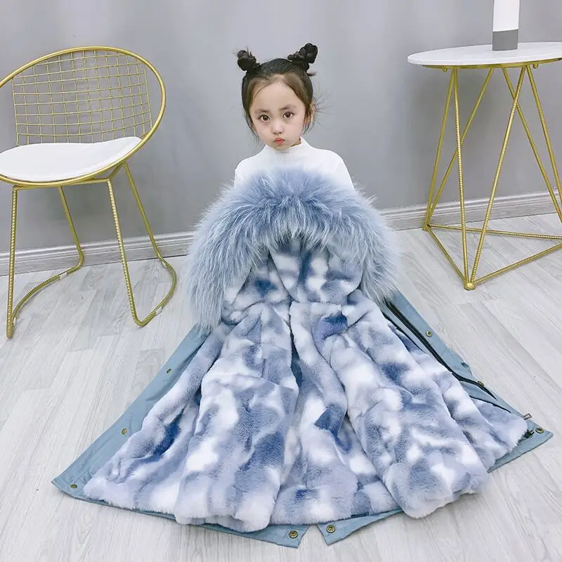 Blue Blue Mix Fur Пальто с искусственным кроличьим мехом для девочек; детские куртки с капюшоном; сезон весна-осень; куртки для девочек и мальчиков; зимние парки; детский зимний комбинезон - Цвет: Blue Blue Mix Fur